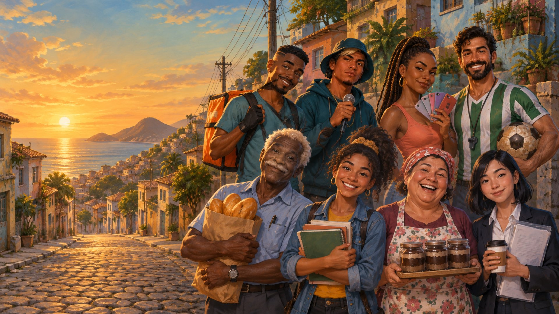 Os personagens no bairro, ao entardecer: Seu Benedito, Duda, Dona Cida, Thiago, Jéssica, MC Kauã, Rafaela, Pedro.